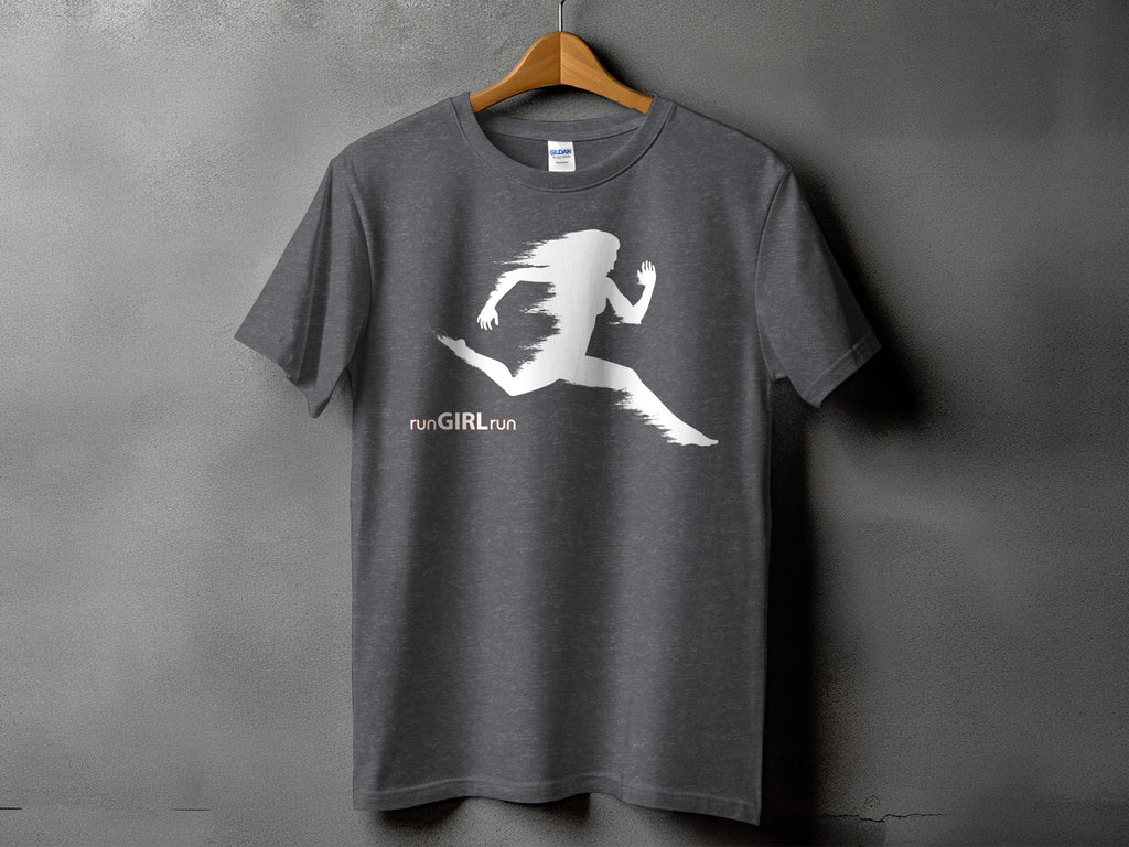 Dark gray t-shirt with white runner graphic and "runGIRLrun" text.