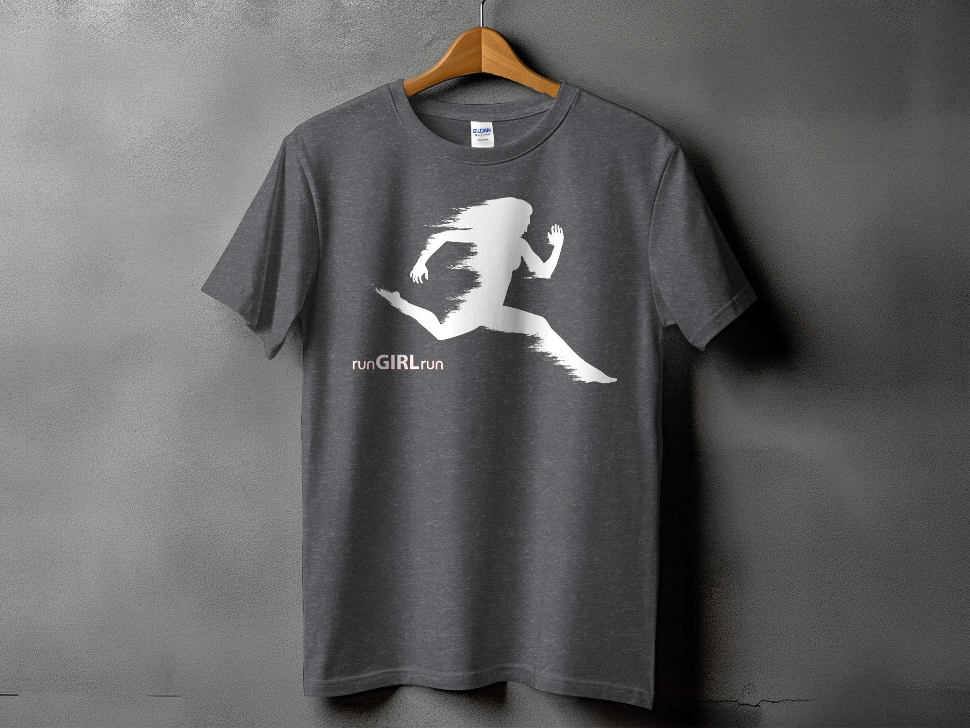 Dark gray t-shirt with white runner graphic and "runGIRLrun" text.