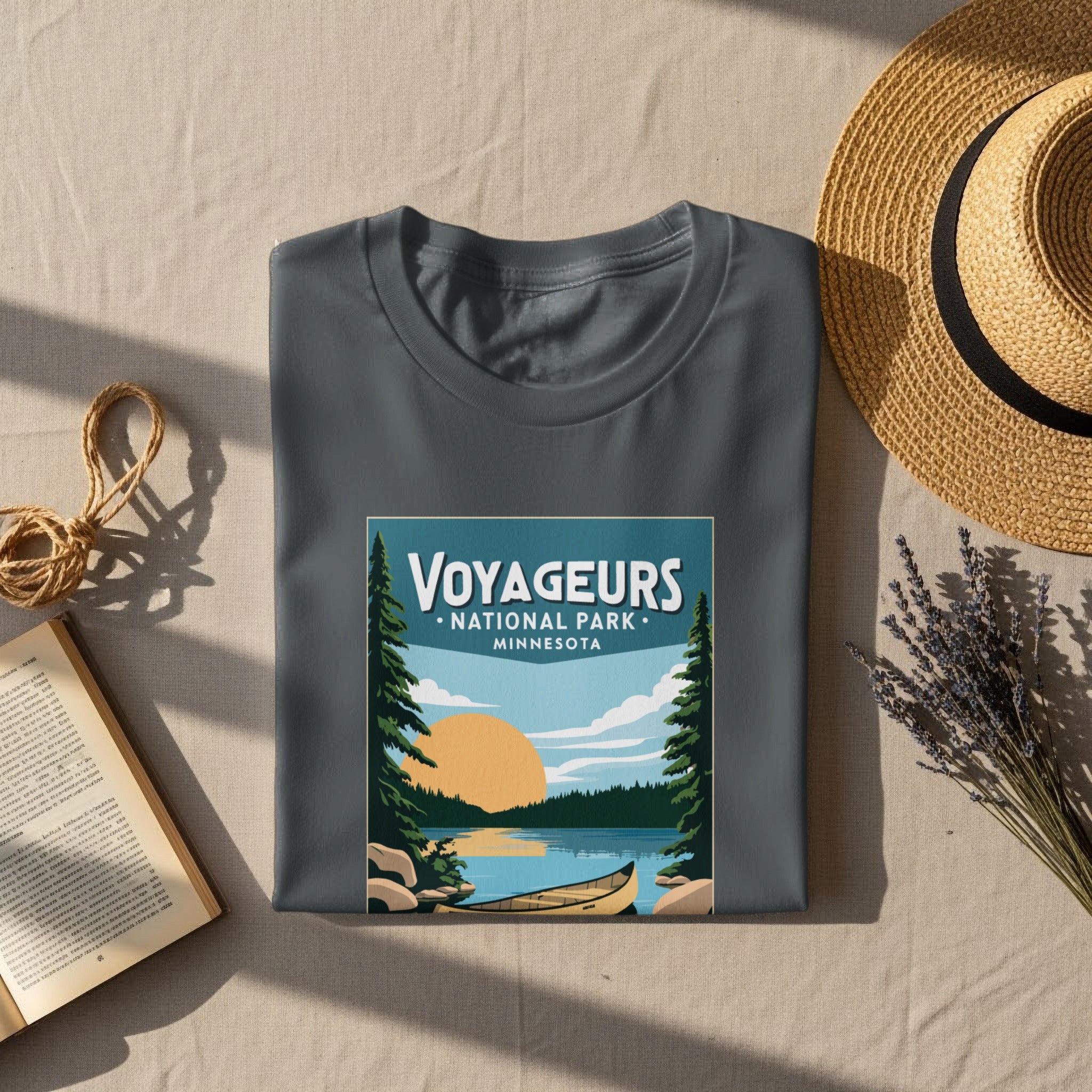 Gray t-shirt with Voyageurs National Park Minnesota graphic, canoe and lake scene.