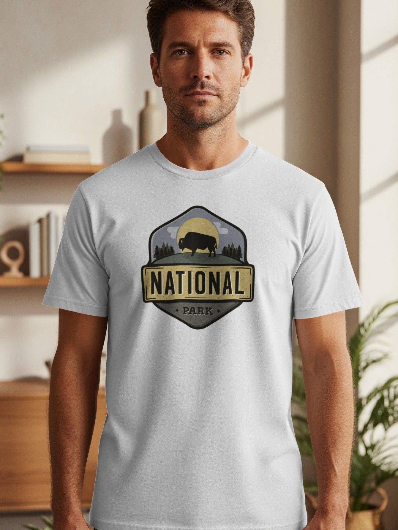 White t-shirt with National Park logo featuring bison and trees.
