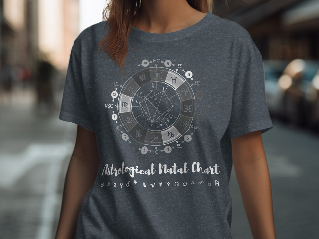 Dark gray t-shirt with a circular astrological natal chart design and text.