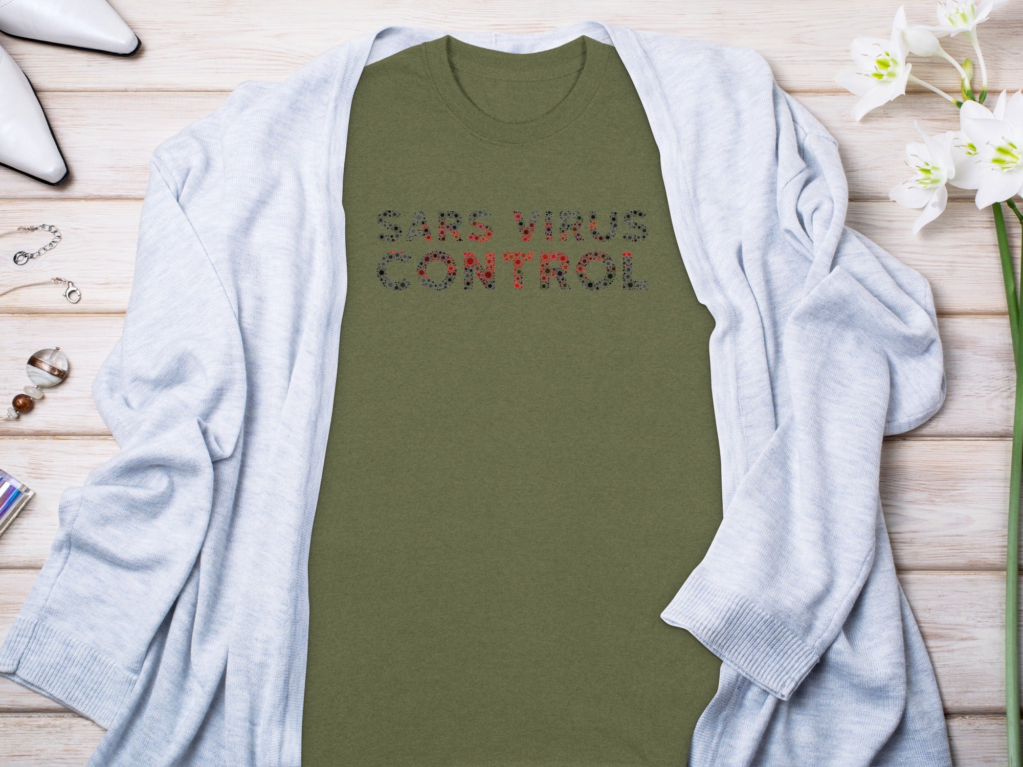 Olive t-shirt with black and red virus pattern text "SARS VIRUS CONTROL".