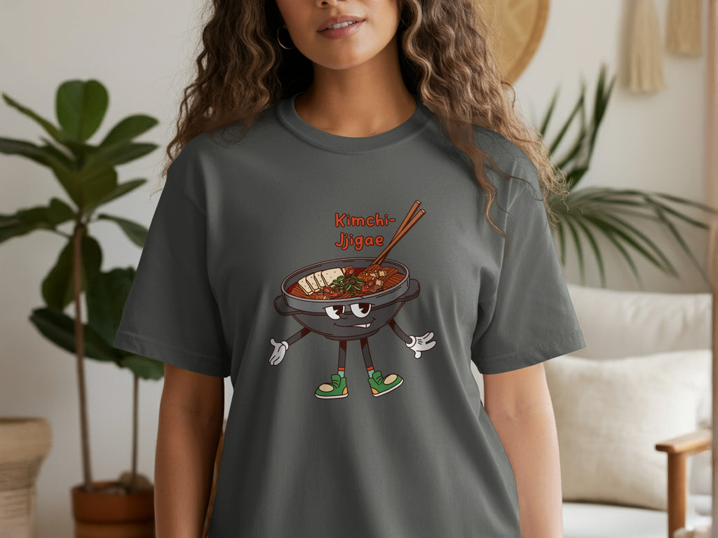 Cartoon kimchi jjigae with eyes, arms, and legs wearing green sneakers.