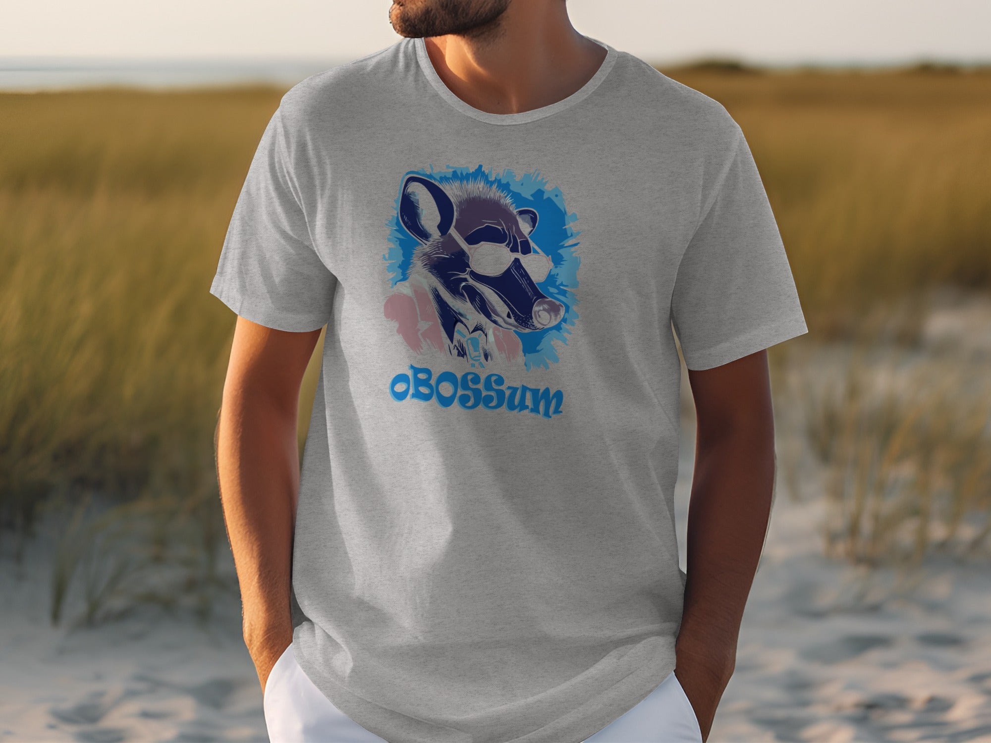 Grey t-shirt with a graphic of a possum wearing sunglasses and the text "OBOSSUM".