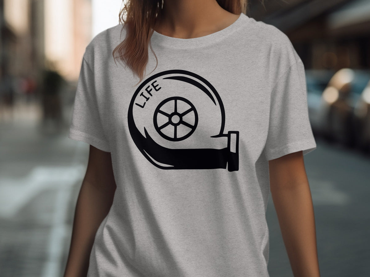 Grey t-shirt with black turbocharger graphic and "LIFE" text.