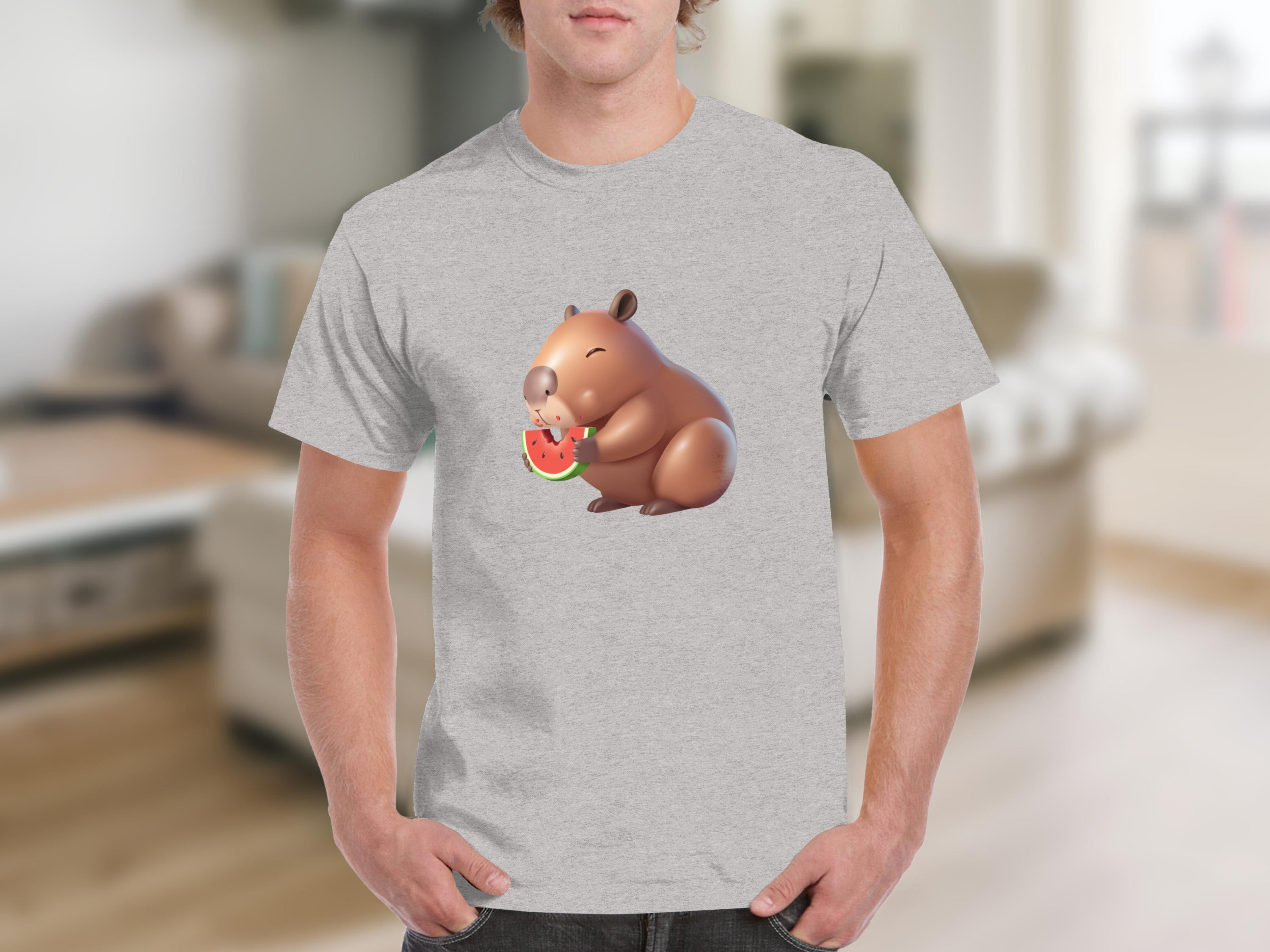 Gray t-shirt with illustration of a brown cartoon beaver eating watermelon.