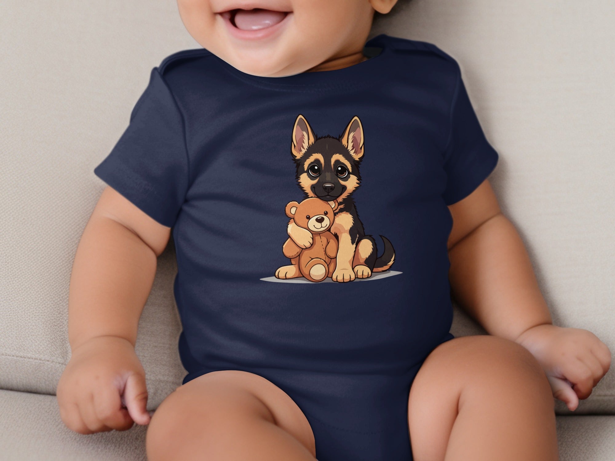 Navy blue baby onesie with a cartoon German Shepherd hugging a teddy bear.