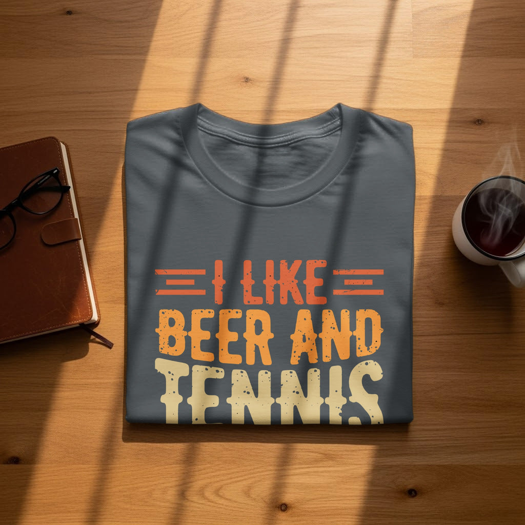 Grey t-shirt with the text "I LIKE BEER AND TENNIS" in orange and cream.