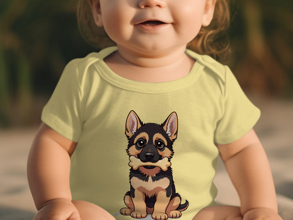 Baby wearing yellow bodysuit with cartoon German Shepherd holding a bone graphic.
