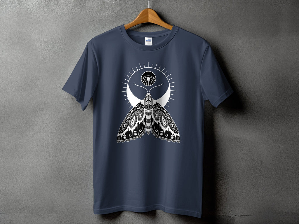 Dark blue t-shirt with a black and white moth and eye design.