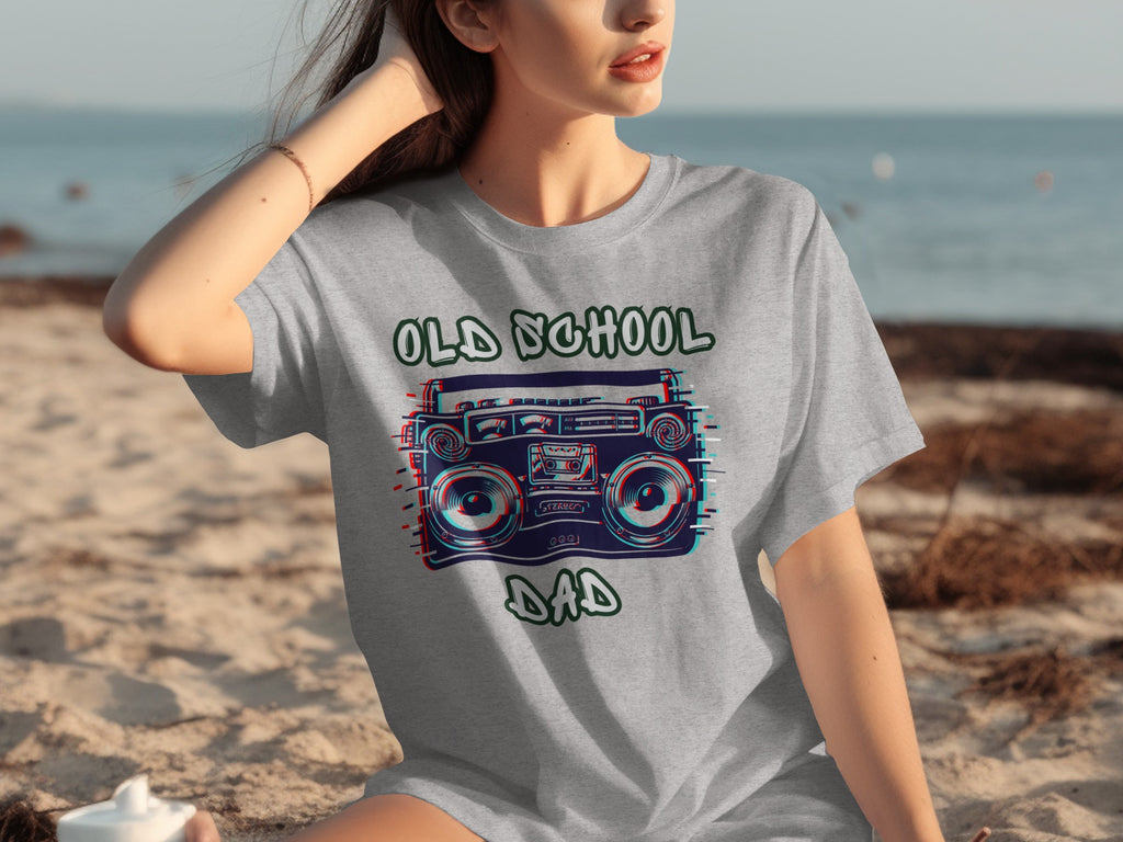 Grey t-shirt with vintage boombox graphic and "OLD SCHOOL DAD" text.
