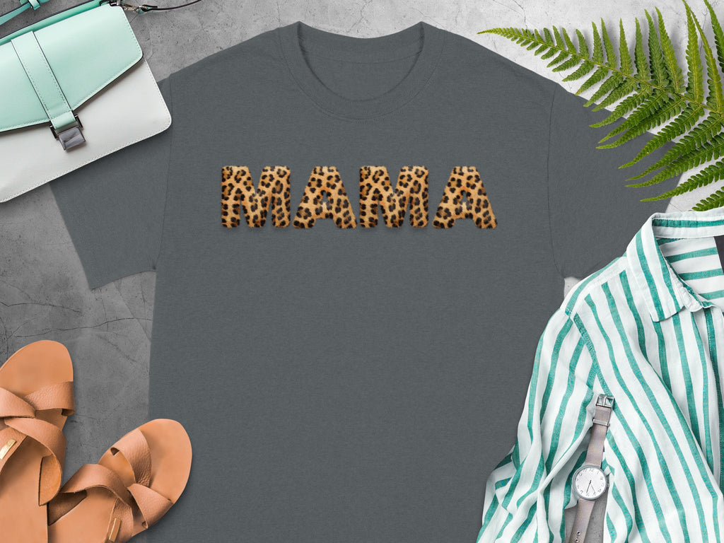 Gray t-shirt with "MAMA" in leopard print letters.