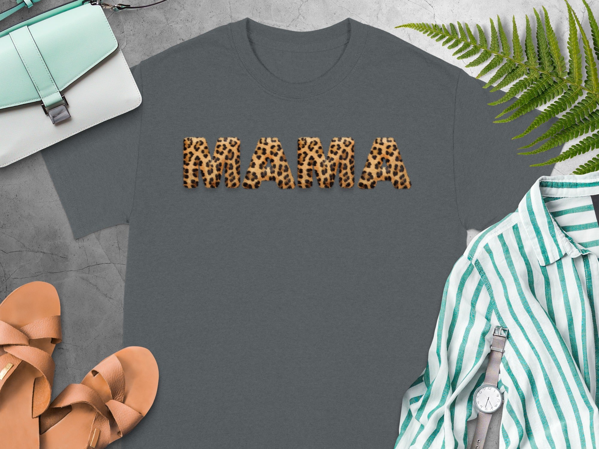 Gray t-shirt with "MAMA" in leopard print letters.