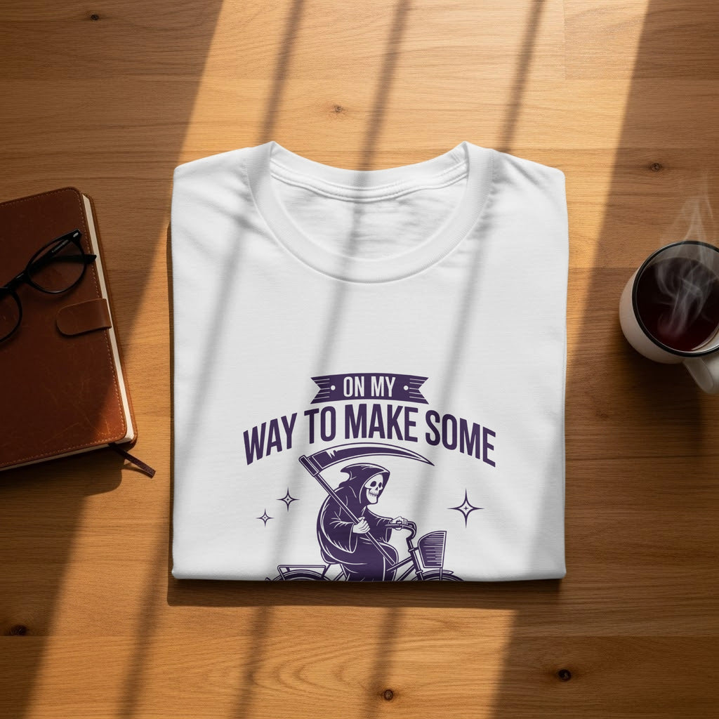 White t-shirt with purple grim reaper on a bike graphic and text "On My Way To Make Some".