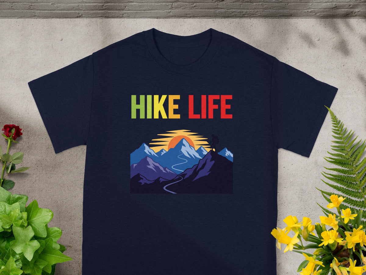 Navy t-shirt with "HIKE LIFE" text and mountain landscape graphic.