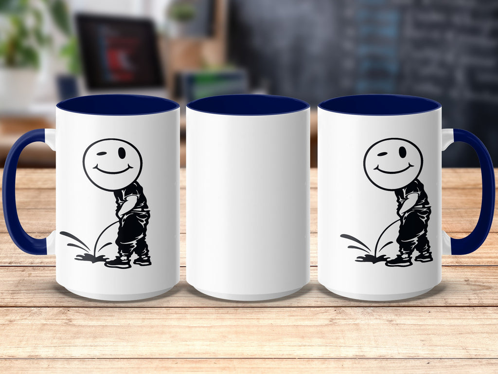 Two white mugs with navy handles and interiors, one with a winking smiley face character peeing.