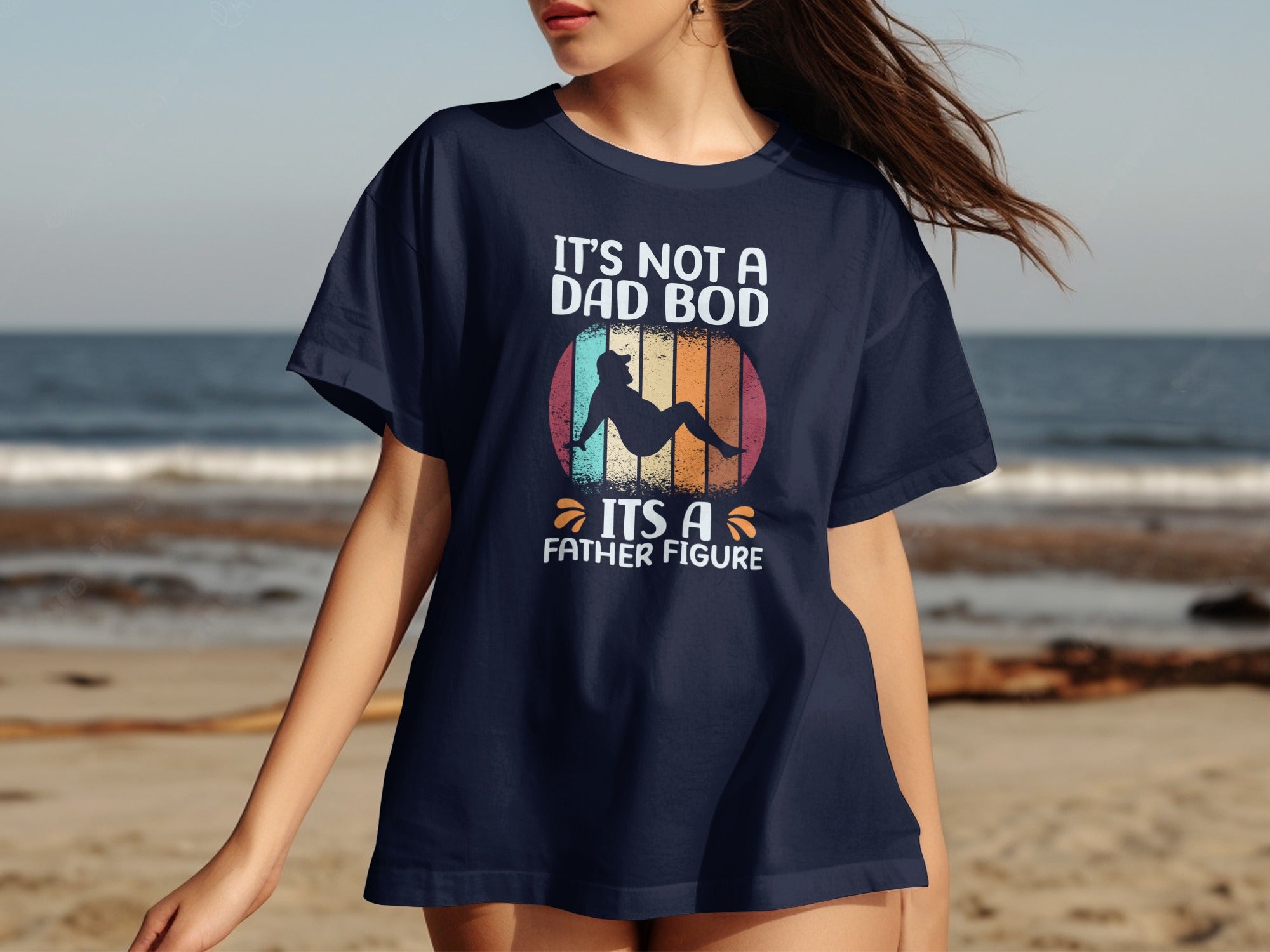 Navy t-shirt with "It's not a dad bod its a father figure" text and silhouette.