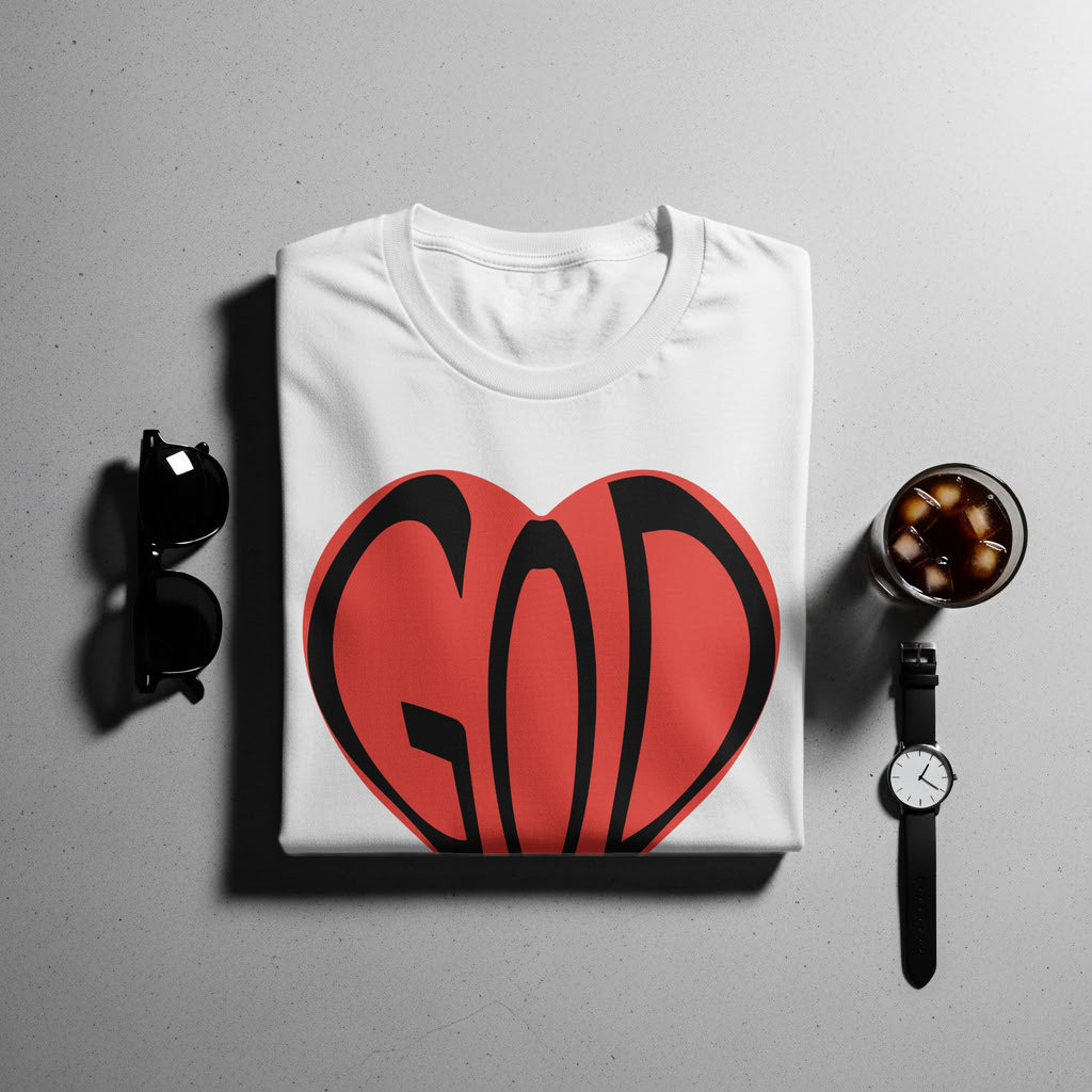 White t-shirt with red and black "GOD" heart graphic, sunglasses, and watch.