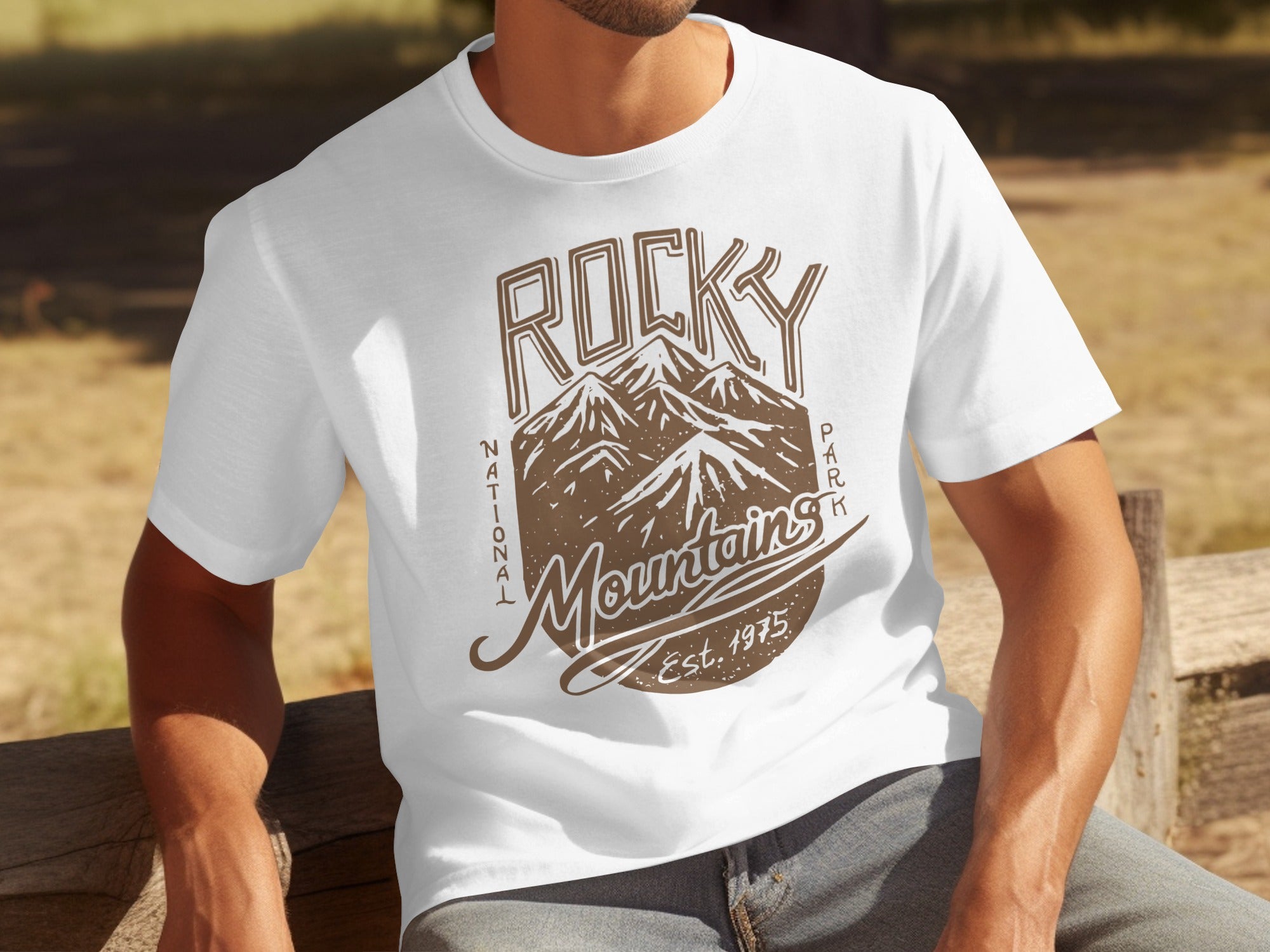White t-shirt with Rocky Mountains National Park graphic and "Est. 1975".