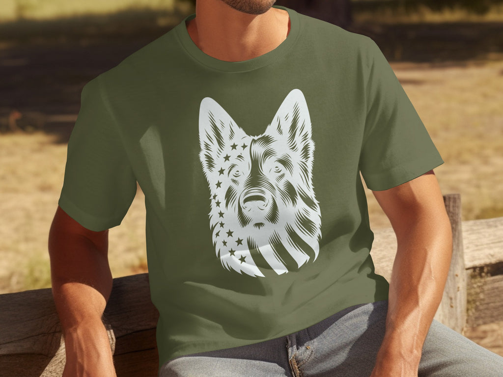German Shepherd head with American flag pattern on an olive green t-shirt.