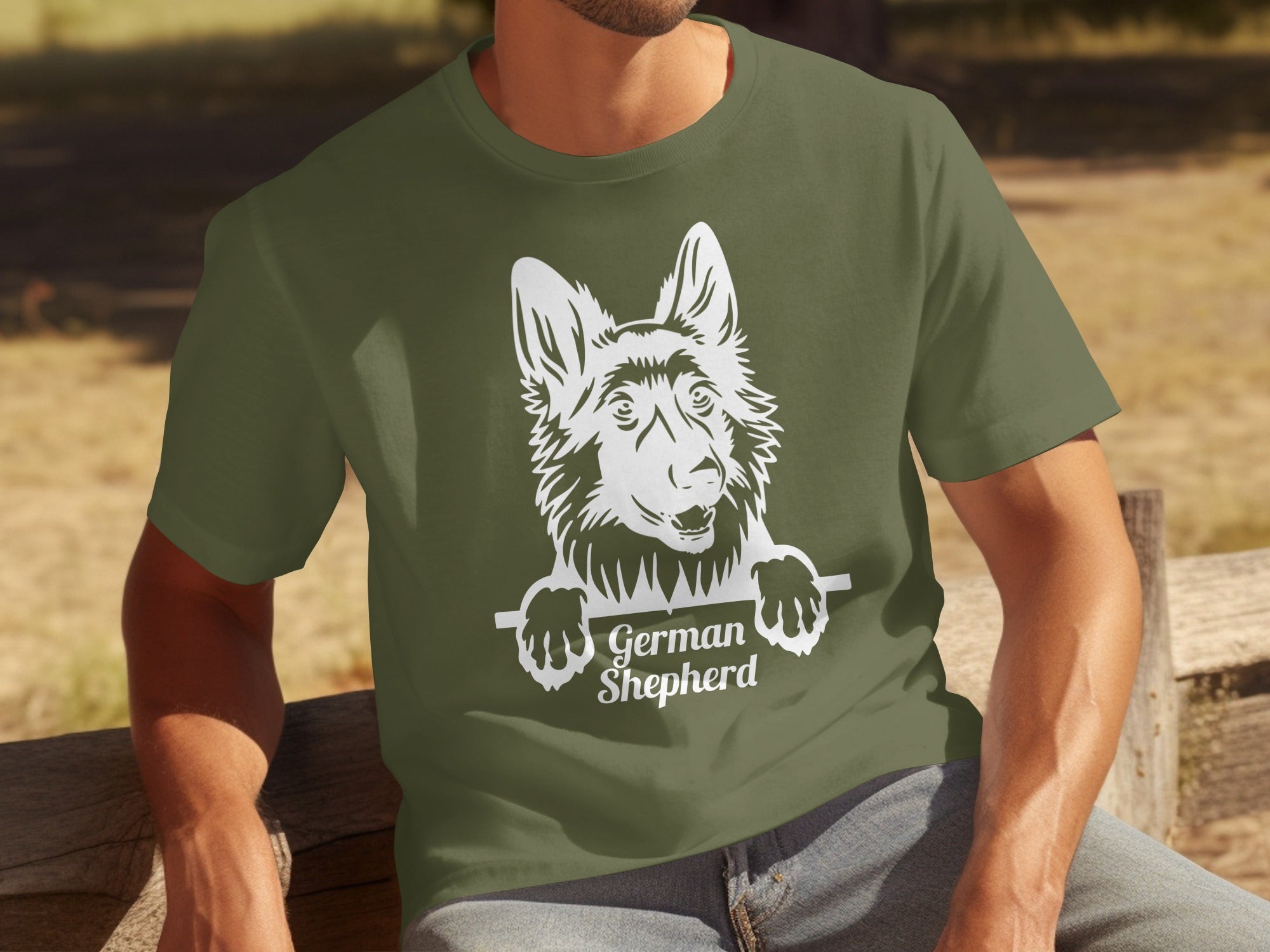 White German Shepherd graphic with text on green t-shirt worn by a person.