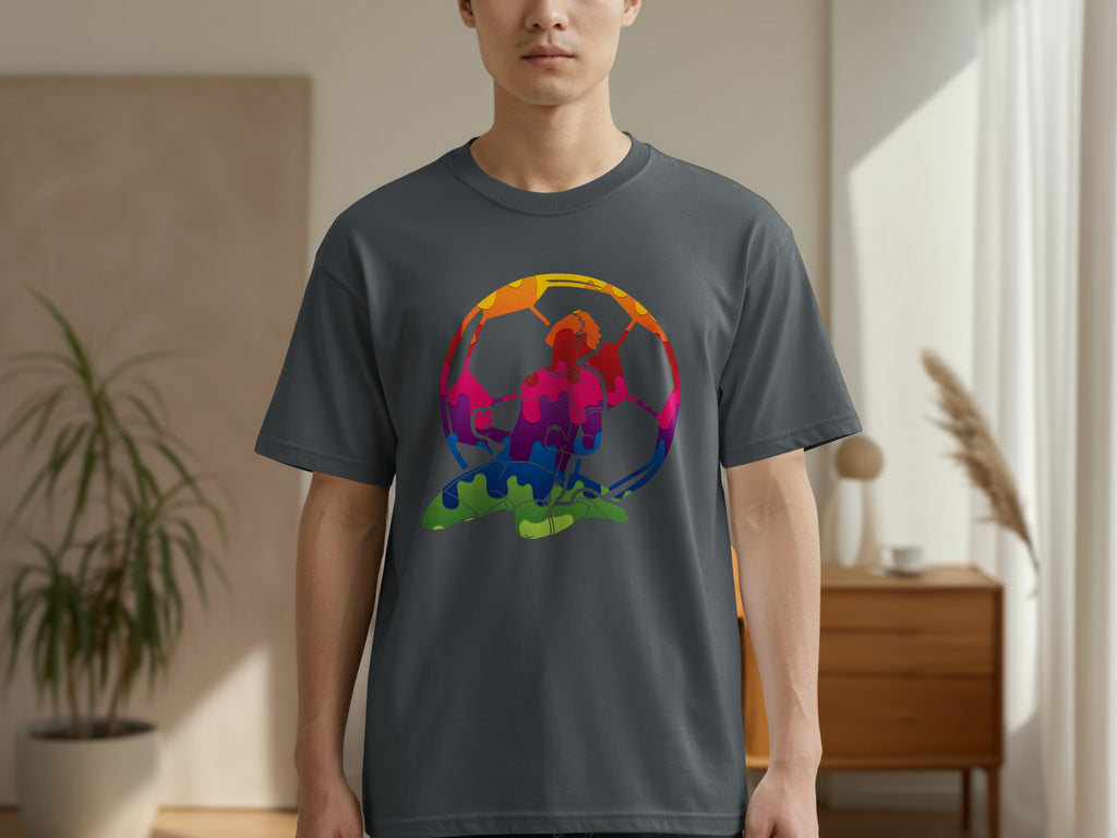 Dark grey t-shirt with a colorful abstract soccer player illustration and ball design.