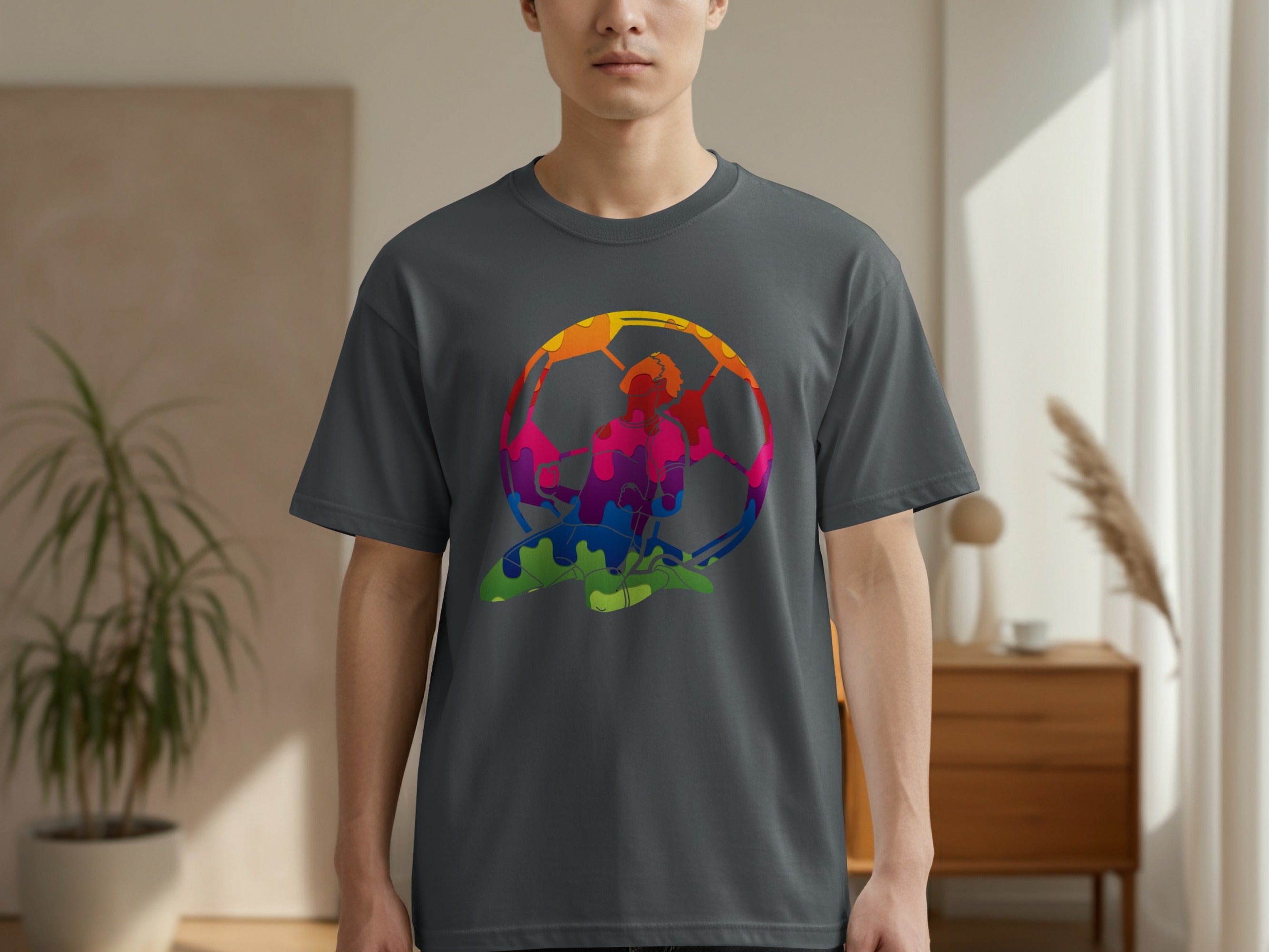 Dark grey t-shirt with a colorful abstract soccer player illustration and ball design.
