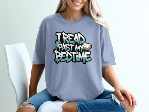 A woman wears a light purple shirt with the text "I READ PAST MY BEDTIME" and an open book graphic.