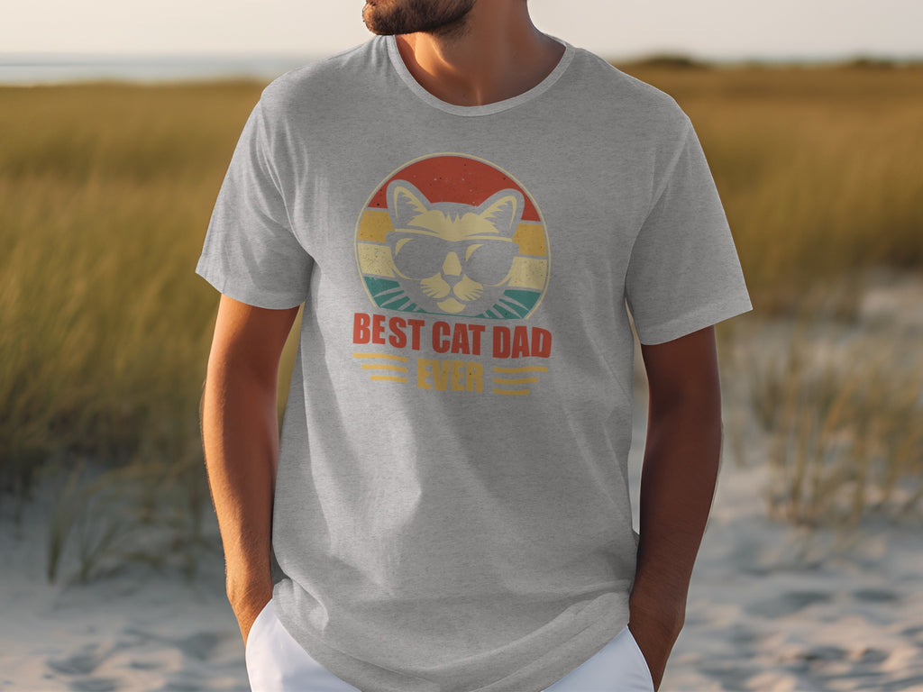 Grey t-shirt with sunglasses-wearing cat graphic and "BEST CAT DAD EVER" text.