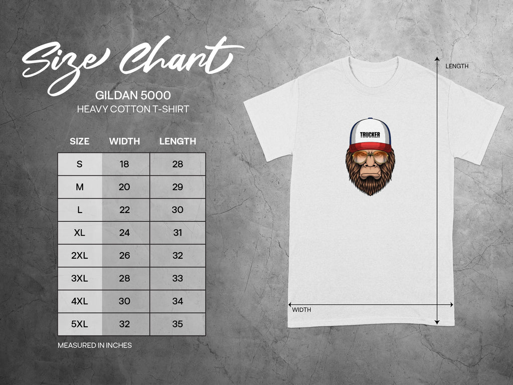 Gildan 5000 heavy cotton t-shirt size chart with width and length measurements in inches.