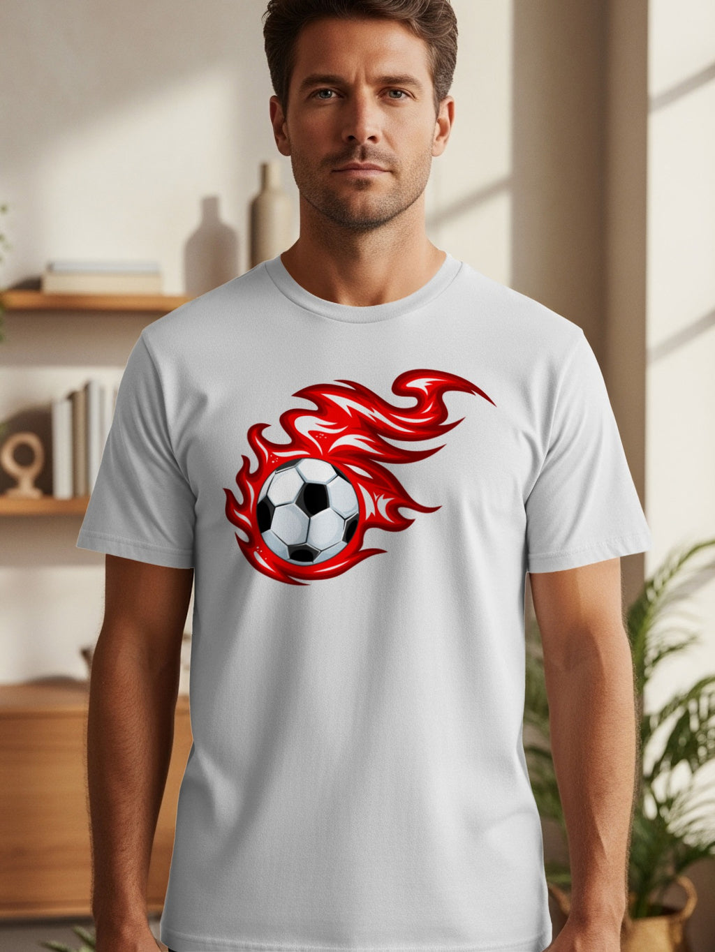 White t-shirt featuring a soccer ball engulfed in red flames graphic.