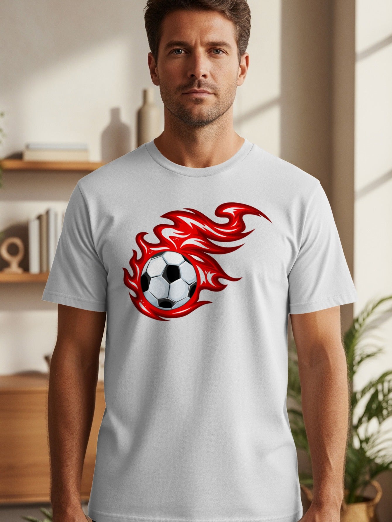 White t-shirt featuring a soccer ball engulfed in red flames graphic.