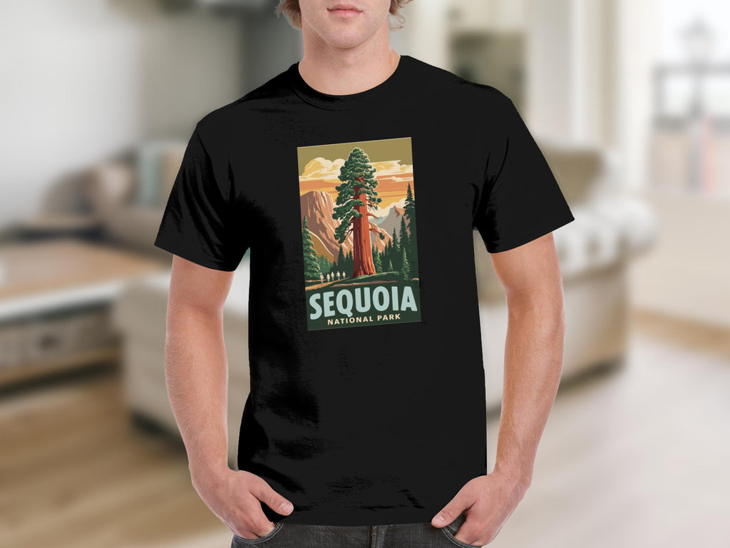 Black t-shirt with Sequoia National Park graphic featuring a giant sequoia tree.