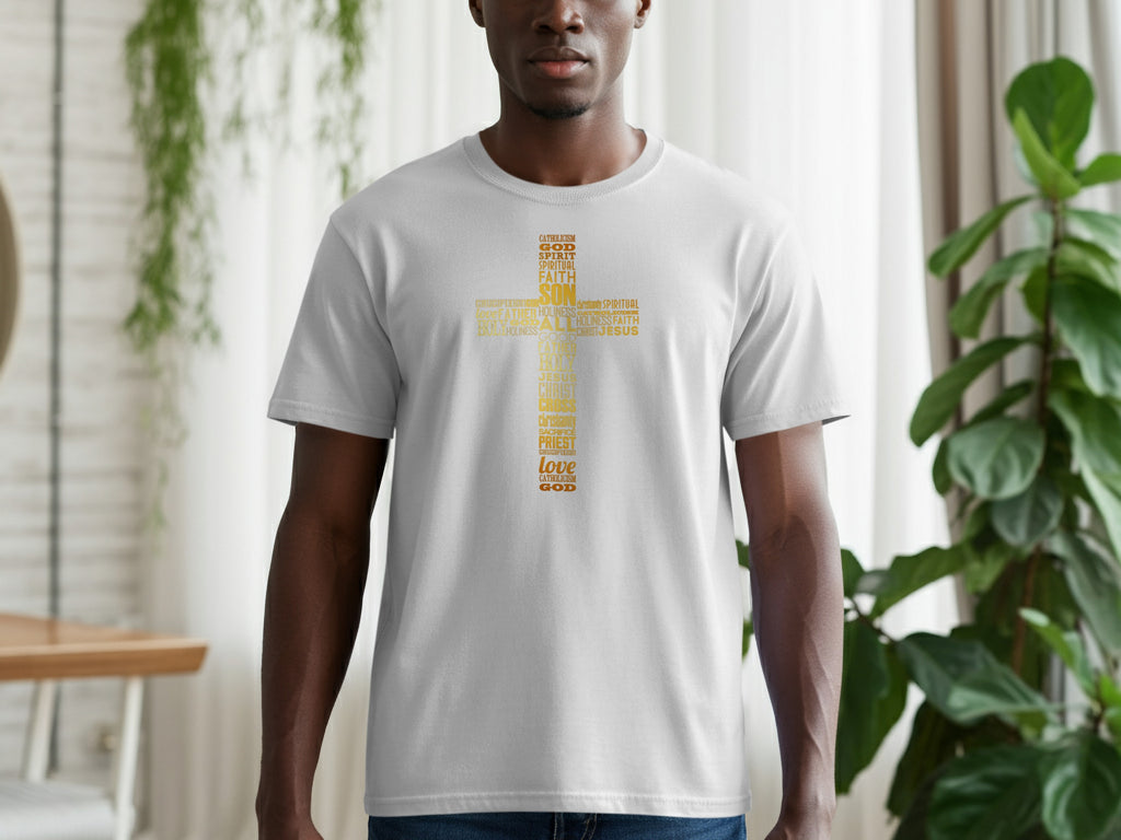 White t-shirt with a gold cross graphic made of religious words.