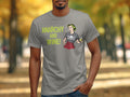 Grey t-shirt with "Anarchy and Wine!" text and a cartoon woman holding wine.