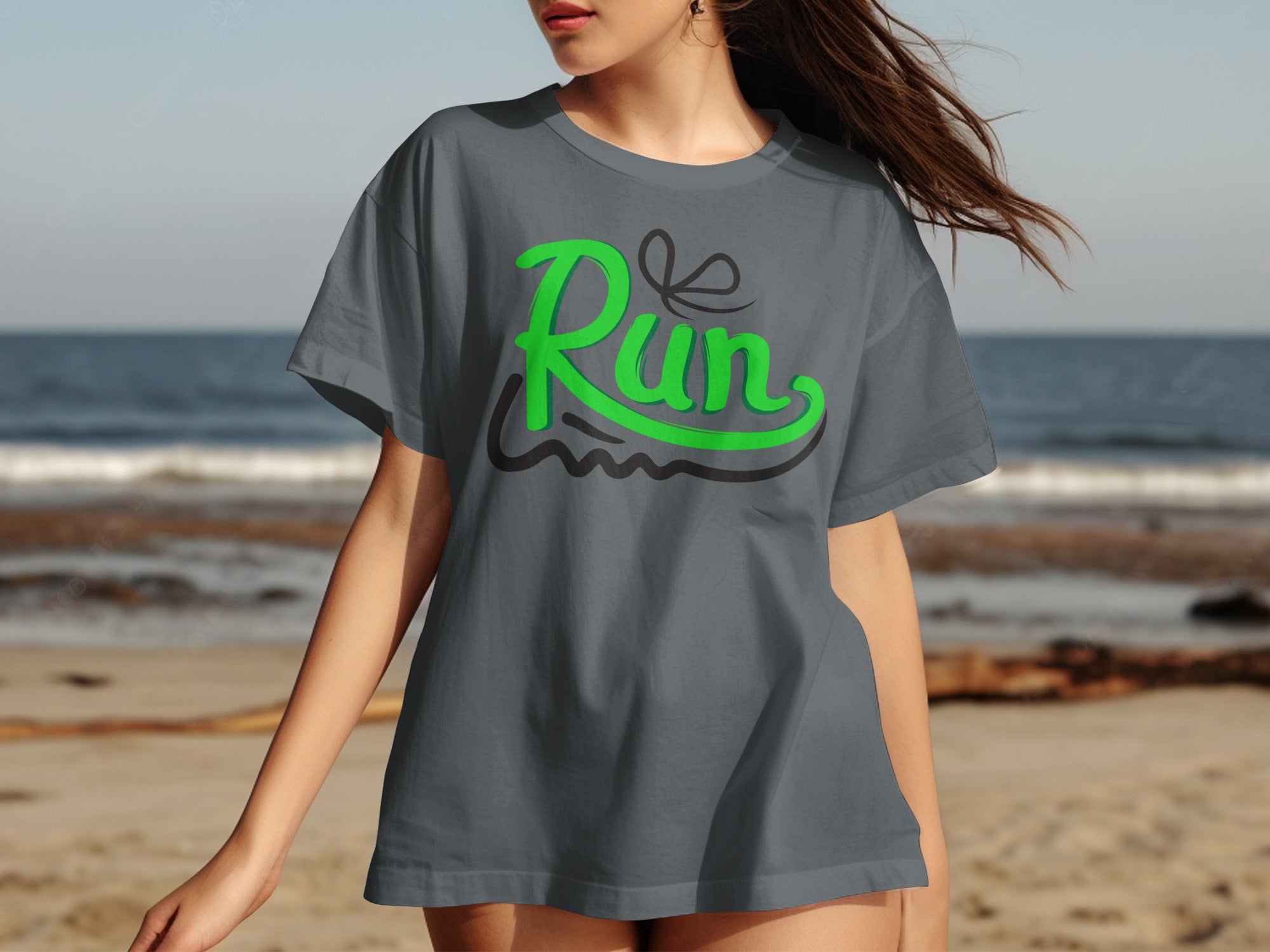 Gray t-shirt with green "Run" text and a ribbon graphic.