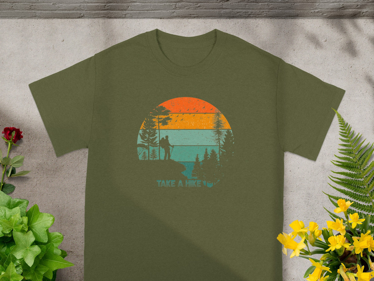 Olive green t-shirt with "Take a Hike" graphic of hikers at sunset.