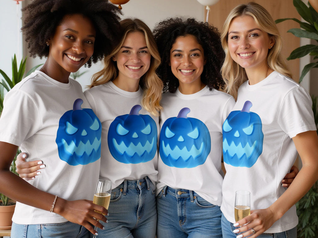 Four women in white t-shirts with blue jack-o'-lantern graphics, holding champagne.