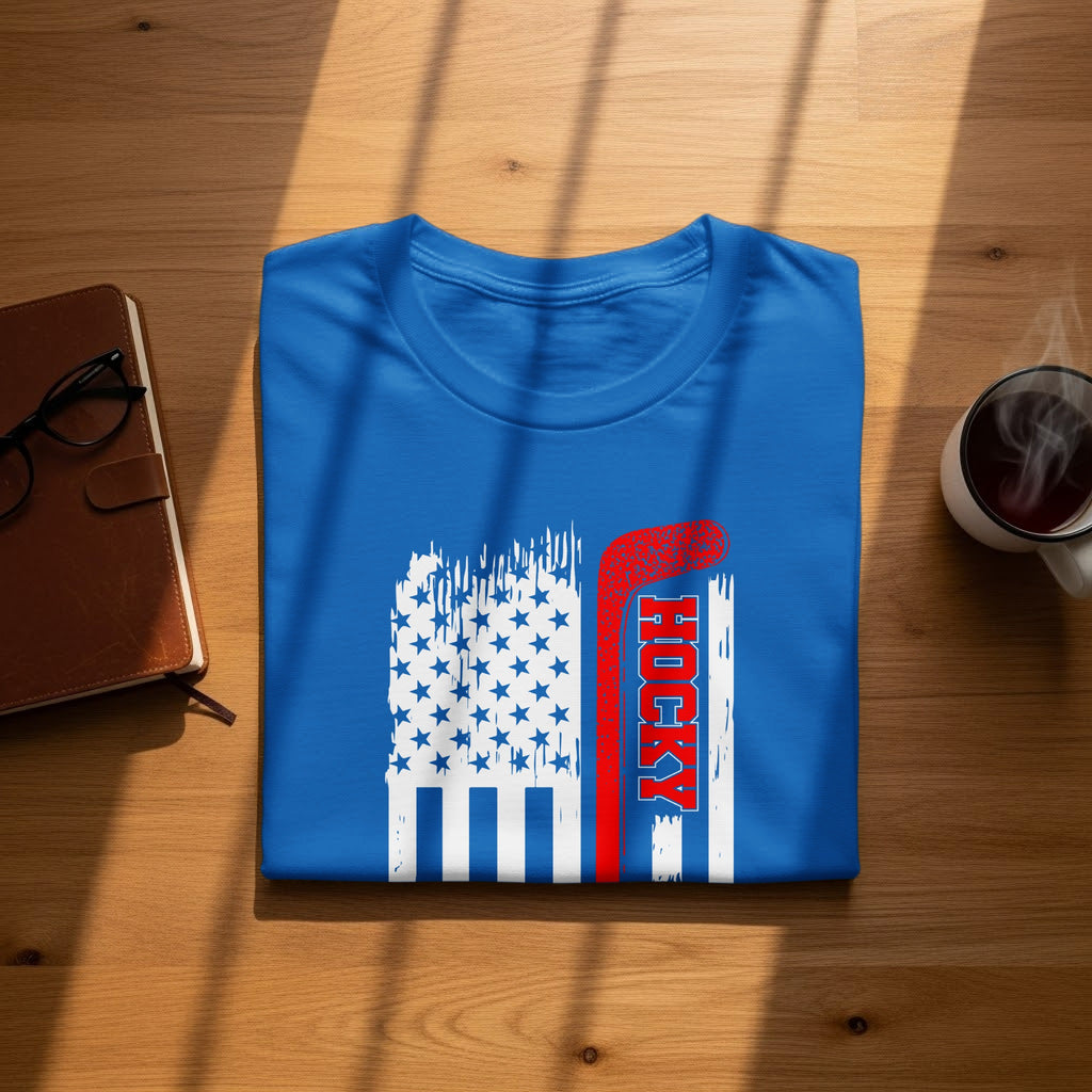 Blue t-shirt with distressed American flag and red hockey stick graphic.