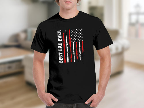 Black t-shirt with distressed American flag and "BEST DAD EVER" text.