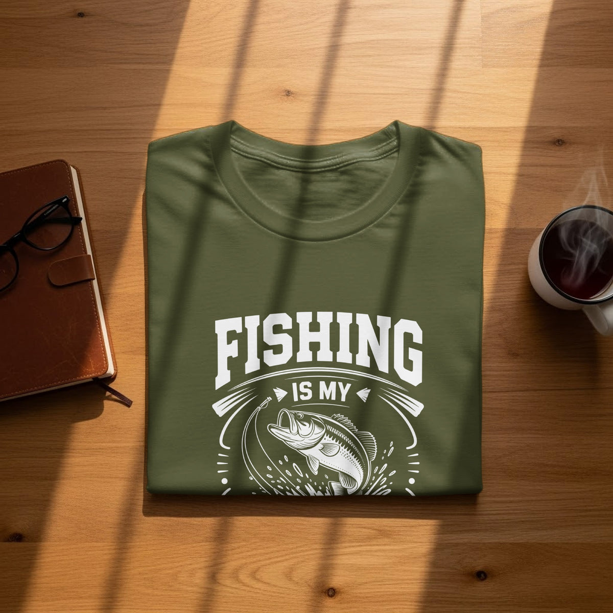 Green t-shirt with "Fishing Is My" text and a leaping bass fish graphic.