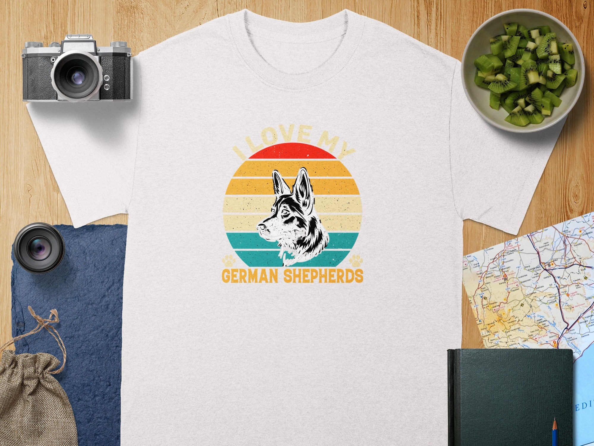 White t-shirt with "I love my German Shepherds" and a German Shepherd illustration.