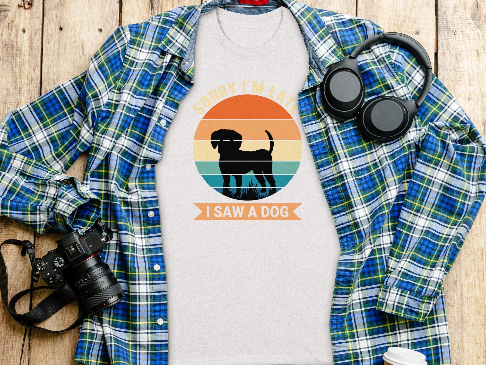 White t-shirt with dog graphic: "SORRY I'M LATE I SAW A DOG".