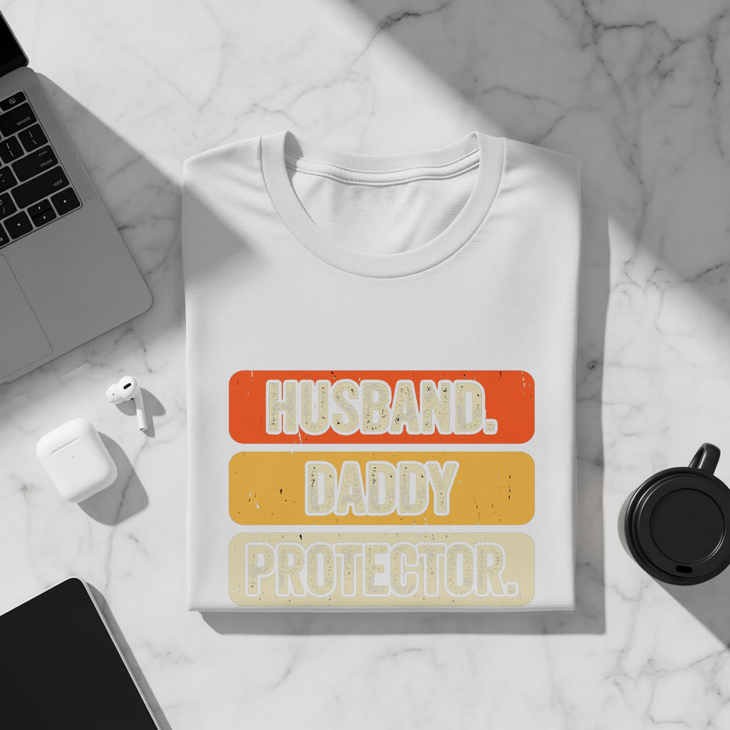 White t-shirt with textured "HUSBAND", "DADDY", "PROTECTOR" text.