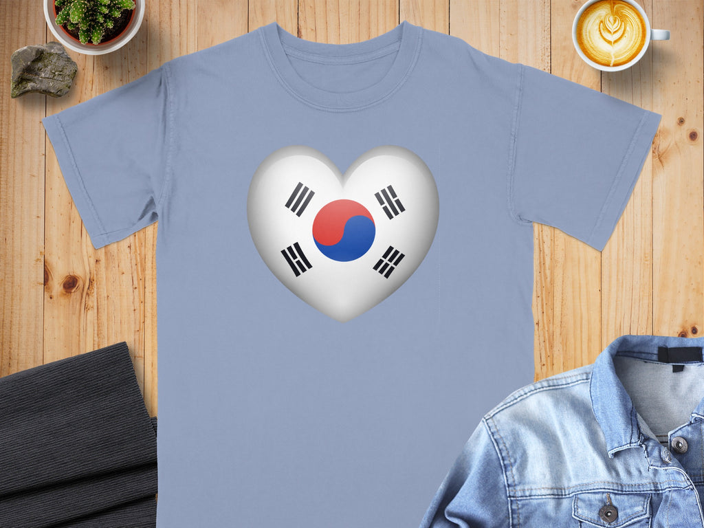 Light blue t-shirt with a South Korean flag heart graphic on the chest.