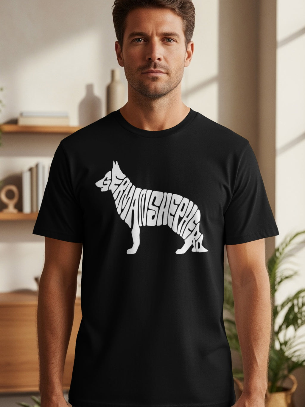 Black t-shirt with a white "GERMANSHEPHERD" text art dog silhouette.