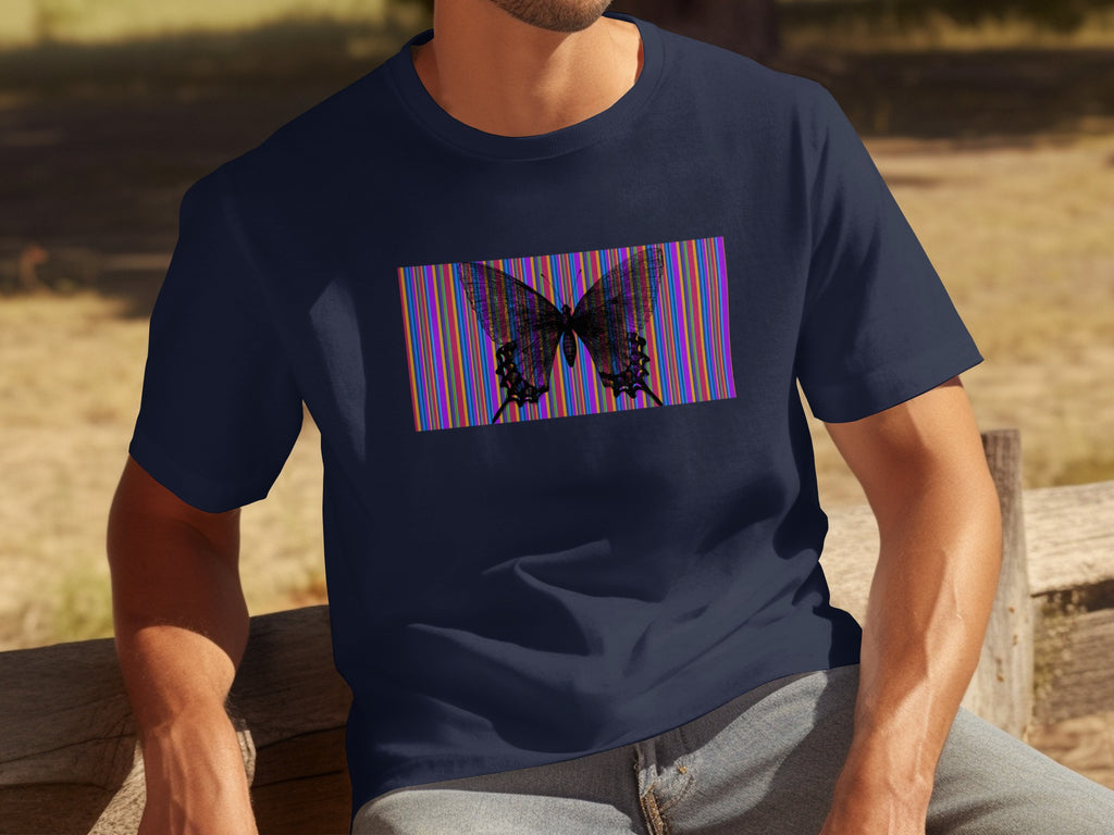 Dark t-shirt with a black butterfly graphic on colorful vertical stripes.
