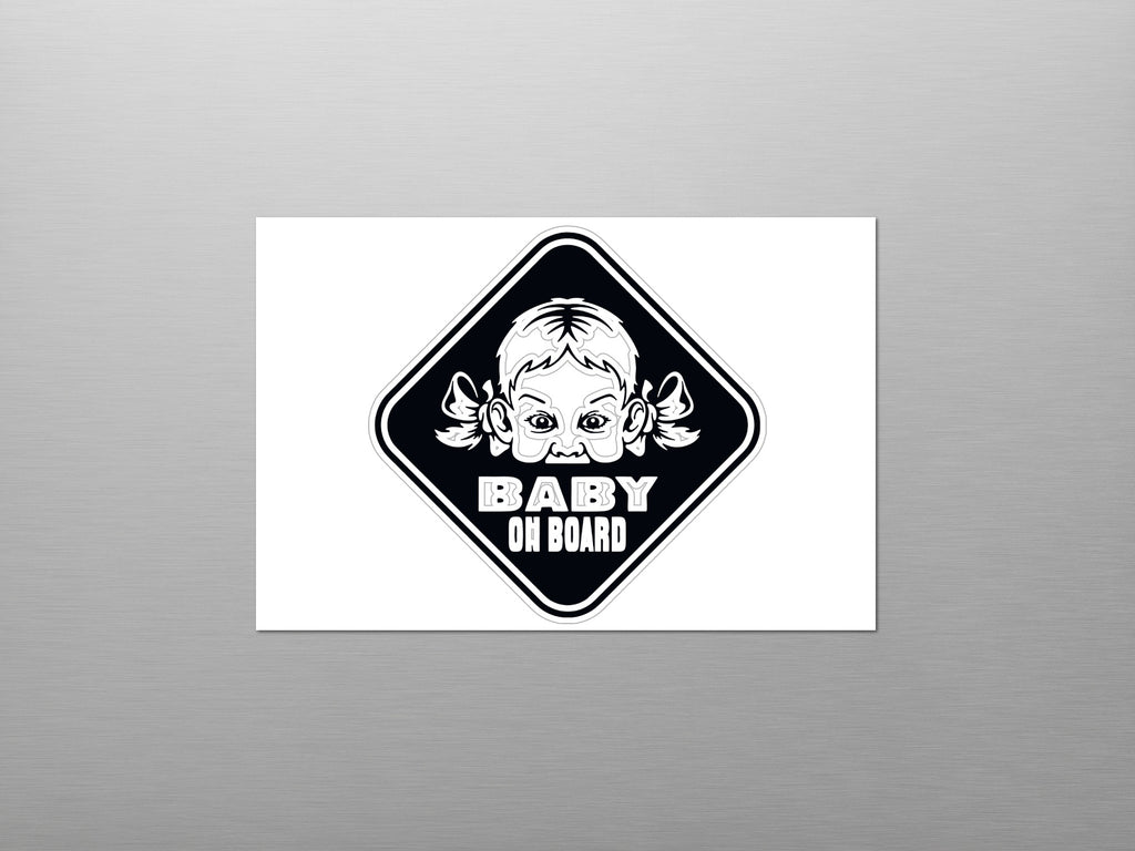 Black and white diamond-shaped "Baby On Board" sign with a cartoon baby's face.