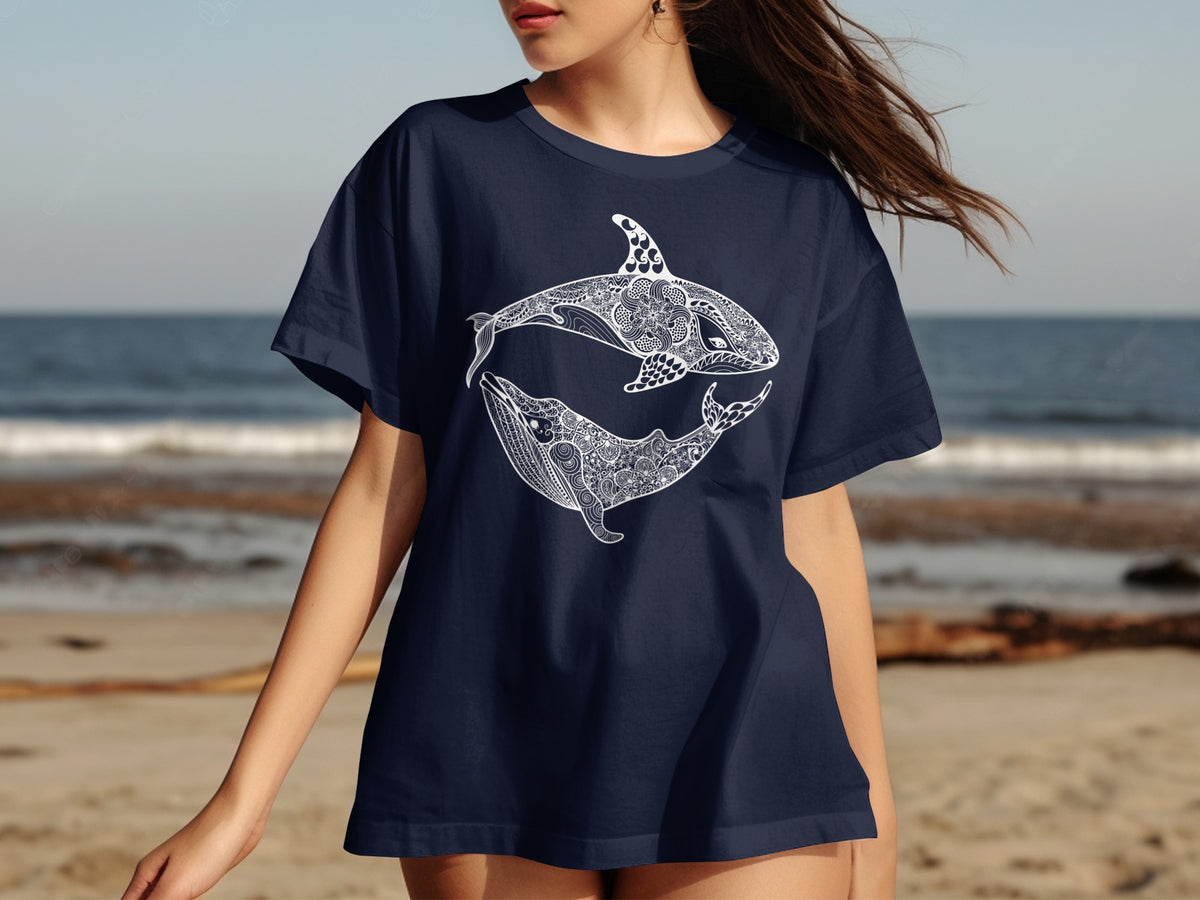 Navy t-shirt with white line art orca and whale design