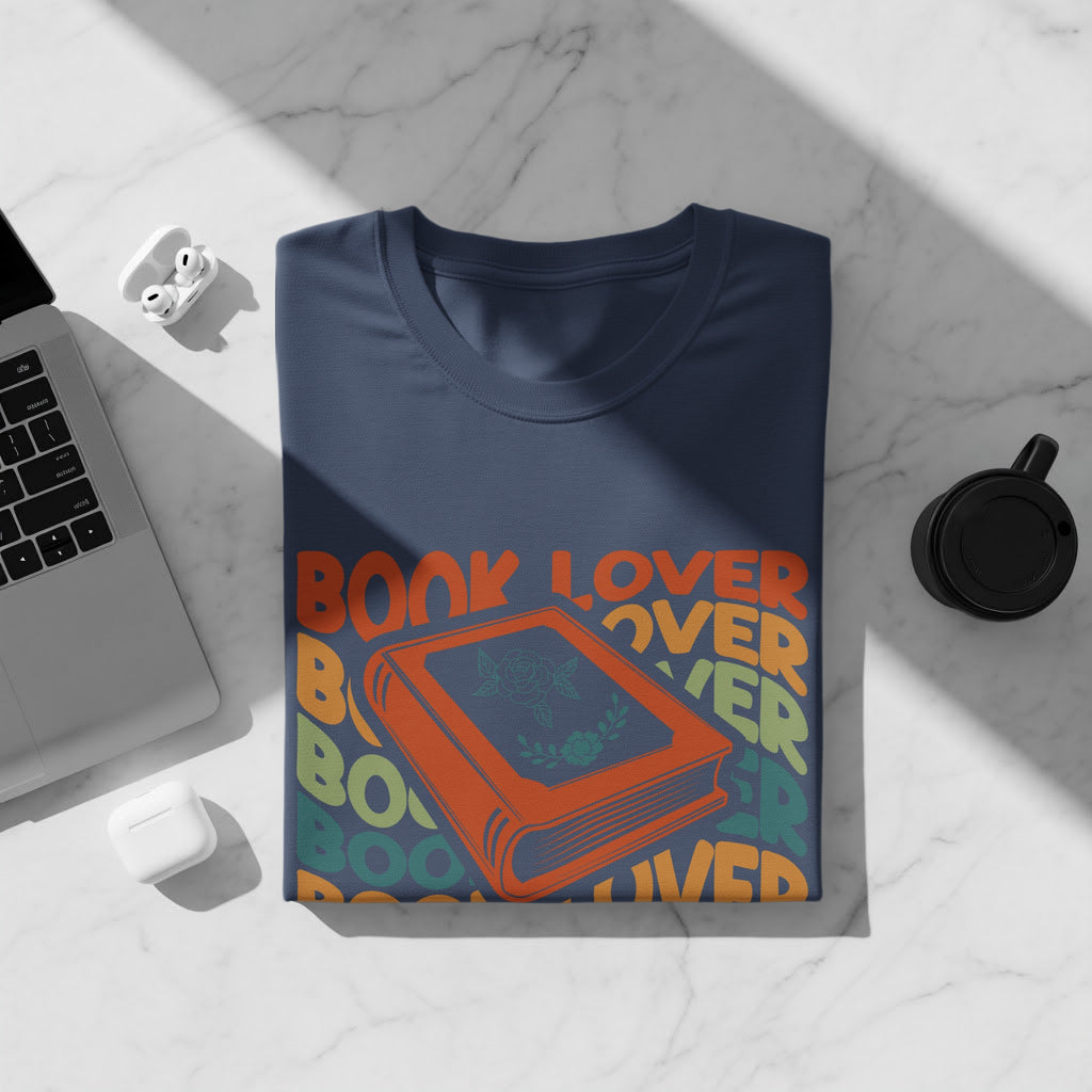 Navy t-shirt with "Book Lover" text and a graphic of a book with roses.